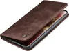 A brown leather flip case for a smartphone, shown from a diagonal angle with the cover partially open. Produktbild-Vorschau