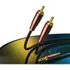 A product shot of audio cables with gold-plated connectors, set against a stylized background resembling a vinyl record. Náhled obrázku produktu