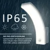 A marketing image for an LED outdoor wall light, highlighting its IP65 rating and durability. Produktbild-Vorschau