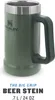 A green Stanley beer stein with a silver rim and a black handle, shown against a white background with text below. Voir les images du produit