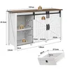 A diagram showing the dimensions of a white and brown sideboard with sliding doors and shelves. Voir les images du produit