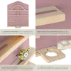 A collage of four images showcasing a pink wooden wall shelf with various details and features. Produktbild-Vorschau