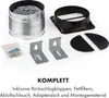 A collection of accessories for a ventilation system, including a flexible duct, mounting brackets, and adapter pieces, laid out on a white background. Produktbild-Vorschau
