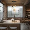 A modern loft-style cafe or restaurant interior with exposed brick walls, large windows, and industrial-style pendant lights. Náhled obrázku produktu