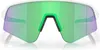 A front view of a pair of white Oakley Sutro Lite Sweep sunglasses with green mirrored lenses. Náhled obrázku produktu