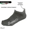A single gray sock is shown against a white background, with text overlays describing its features. Produktbild-Vorschau