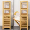 A split image showing a wooden shelf unit with a laundry basket. The left side shows the shelf unit fully assembled, and the right side shows the laundry basket being pulled out or tilted. Produktbild-Vorschau