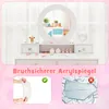 A white vanity table with a round mirror and various makeup accessories, presented with marketing text and comparison graphics. Náhled obrázku produktu