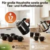 Two kettles are shown, one pouring water into cups, with text overlays indicating capacity and suitability for large households and tea/coffee lovers. Produktbild-Vorschau