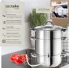 A multi-tier stainless steel pot set is displayed on a stovetop, with tomatoes and a hose in the foreground. Text overlays describe product features and benefits. Produktbild-Vorschau