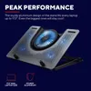 A laptop cooling stand with a blue LED fan is shown against a dark blue background. Text overlays describe its features. Produktbild-Vorschau