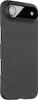 A black iPhone case with a carbon fiber texture is shown from a side angle. Produktbild-Vorschau