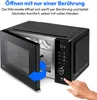 A hand is shown pressing a button on the control panel of a black microwave oven with its door open. Produktbild-Vorschau