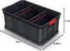 A black plastic storage box with red dividers and latches, shown with dimensions indicated. Podgląd zdjęcia produktu