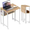 A small, foldable desk with a laptop, coffee cup, and books on it, shown next to its folded state. Podgląd zdjęcia produktu