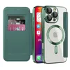 A green flip case for an iPhone with card slots is shown next to the iPhone itself, which is in a clear case with a green accent. The iPhone screen is visible. Produktbild-Vorschau
