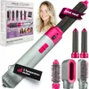 A collage of product shots and a model, showcasing a hair styling tool and its accessories. Produktbild-Vorschau