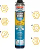 A can of Soudal SoudaBond Turbo construction adhesive is shown with several numbered icons around it, illustrating its features and uses. Produktbild-Vorschau