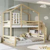 A children's bunk bed with a house-like frame, decorated with stuffed animals and pillows, in a bedroom setting. Produktbild-Vorschau