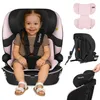 A child is sitting in a pink and black car seat, with additional images showing the car seat's features and components. Produktbild-Vorschau