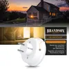 A collage showing a house at dusk, a person's feet entering a doorway, and a close-up of a plug-in LED night light with descriptive text. Voir les images du produit