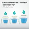 Three blue collapsible buckets of different sizes are displayed with their dimensions and capacities. Voir les images du produit