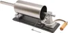 A stainless steel sausage stuffer machine is shown on a textured gray base with a crank handle. Náhled obrázku produktu
