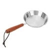 A stainless steel frying pan with a wooden handle and a leather loop, shown against a white background. Produktbild-Vorschau