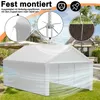 A white carport tent is shown in a backyard setting, with close-up insets highlighting its assembly and anchoring features. Produktbild-Vorschau