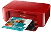 A red Canon Pixma printer is printing a flyer with images and text. Produktbild-Vorschau