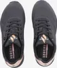 A top-down view of a pair of black Skechers sports shoes with rose gold accents. Voir les images du produit
