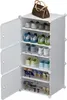 A white modular shoe cabinet filled with various shoes and a handbag on top. Náhľad obrázku produktu