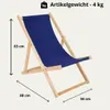 A blue foldable wooden deck chair with dimensions indicated. Produktbild-Vorschau