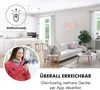 A split image showing a modern kitchen and living room with a woman using a smartphone. Produktbild-Vorschau