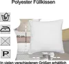 A white polyester pillow is shown with care instructions and dimensions indicated. Produktbild-Vorschau