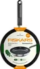 A Fiskars Functional Form frying pan is presented on a white background, with packaging elements attached. Podgląd zdjęcia produktu