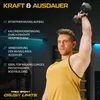 A man is lifting a dumbbell in a gym setting, with text overlays describing the benefits of strength and endurance training. Produktbild-Vorschau