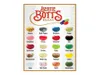 A chart displaying different flavors of Bertie Bott's Every Flavor Beans, with each flavor represented by a jelly bean and its name printed below. Podgląd zdjęcia produktu