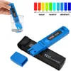 A blue TDS meter and its case are shown against a white background, with a diagram illustrating pH levels. Produktbild-Vorschau