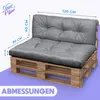 A grey pallet cushion set is shown on a wooden pallet base, with dimensions indicated by arrows and text. Produktbild-Vorschau