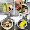 A collage of four images showing a stainless steel sink drain basket being used for various purposes, including holding vegetables, discarding food scraps, and cleaning. Náhled obrázku produktu