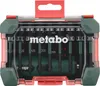A close-up view of a Metabo tool accessory set in its clear plastic case with red and green accents. Voir les images du produit