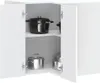 A white corner kitchen cabinet with pots inside. Voir les images du produit