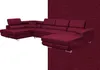 A large, U-shaped sectional sofa in a deep red color is shown against a split background of white and a textured red fabric. Produktbild-Vorschau