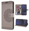 A collage of images showing a gray flip-style phone case with a mandala design, and a smartphone inside the case. Produktbild-Vorschau