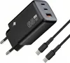 A black GaN charger with '65W' and 'GaN' text, and two USB-C ports and one USB-A port, shown with two USB-C cables. Podgląd zdjęcia produktu