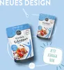 Two pouches of Borchers Erythrit Schugga Blue sweetener are displayed against a light blue background, with graphic elements suggesting a new design and a brush stroke. Produktbild-Vorschau