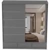 A gray wardrobe with sliding doors and a mirrored front, reflecting a bedroom interior. Voir les images du produit