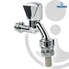A chrome-finished faucet with a square handle and a hose adapter, set against a white background with subtle circular overlays. Produktbild-Vorschau