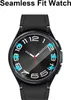 A close-up of a smartwatch with a black face and black strap. Blue arrows point to different parts of the watch face, highlighting features. Produktbild-Vorschau